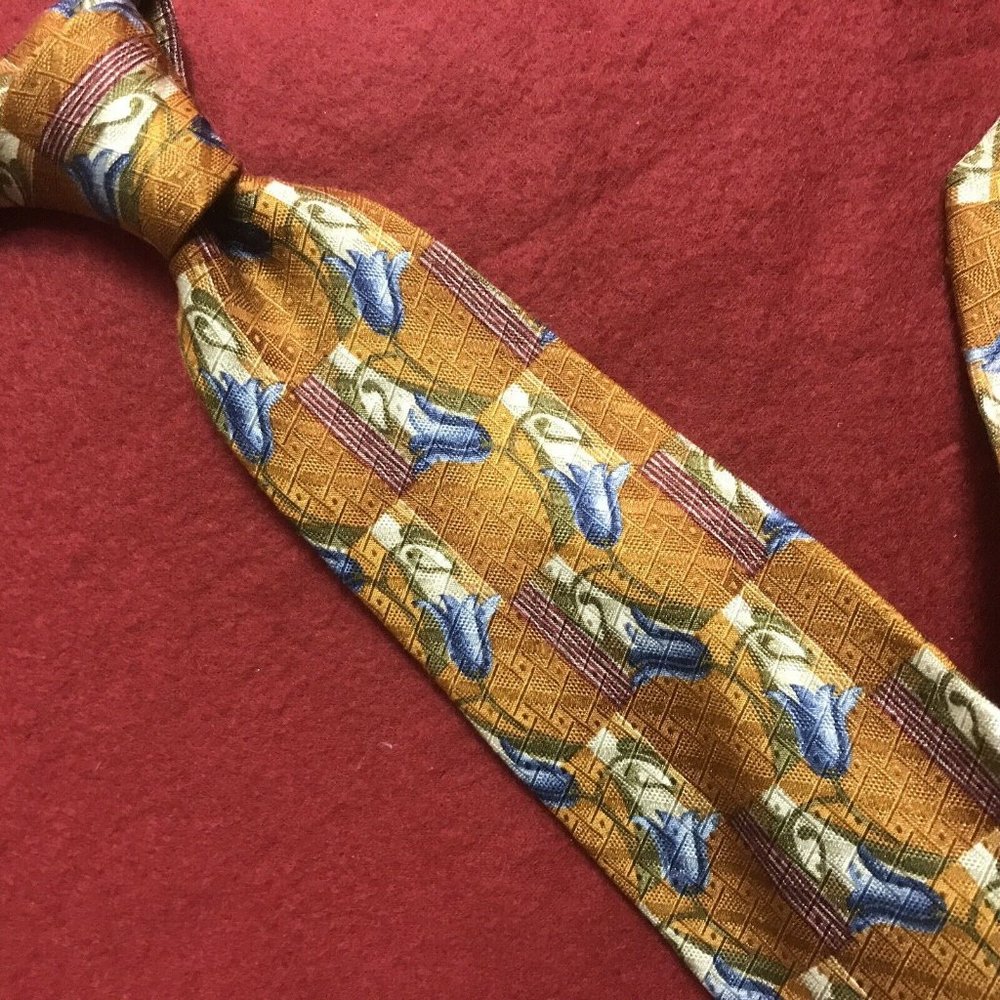 ERMENEGILDO ZEGNA Mens 100% Silk Necktie Made in ITALY Luxury FLORAL Gold/Blue